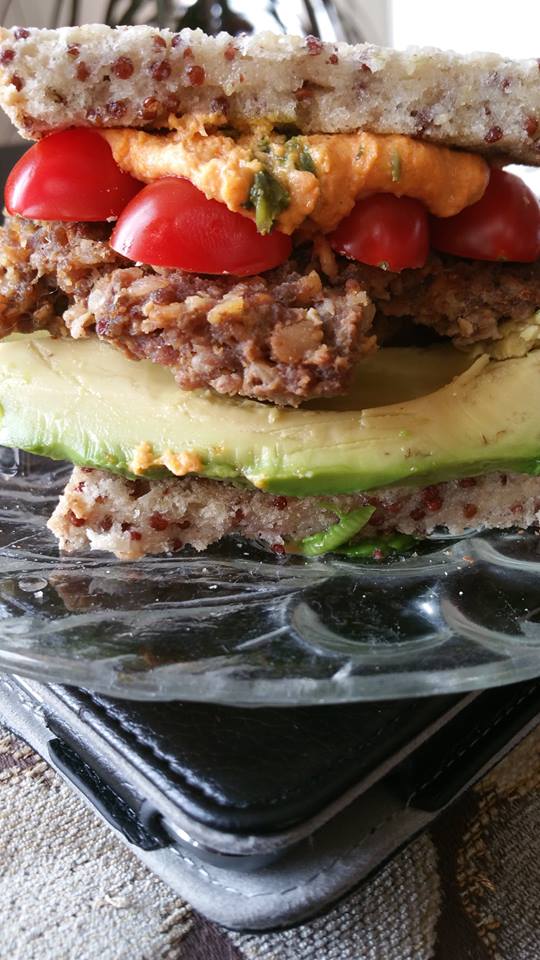 Organic Burger with Red Pepper Humus, Avocado + Tomato