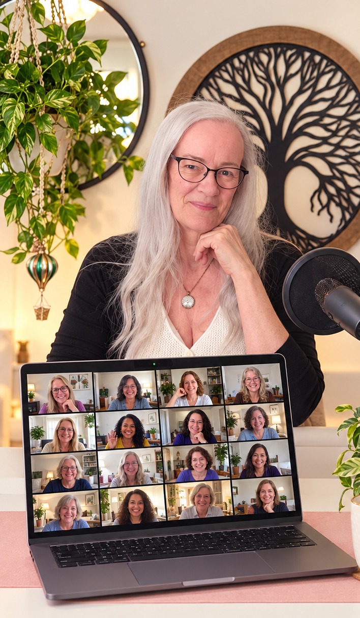 Judy K. Martene at her desk with a laptop showing women gathered on a Zoom call